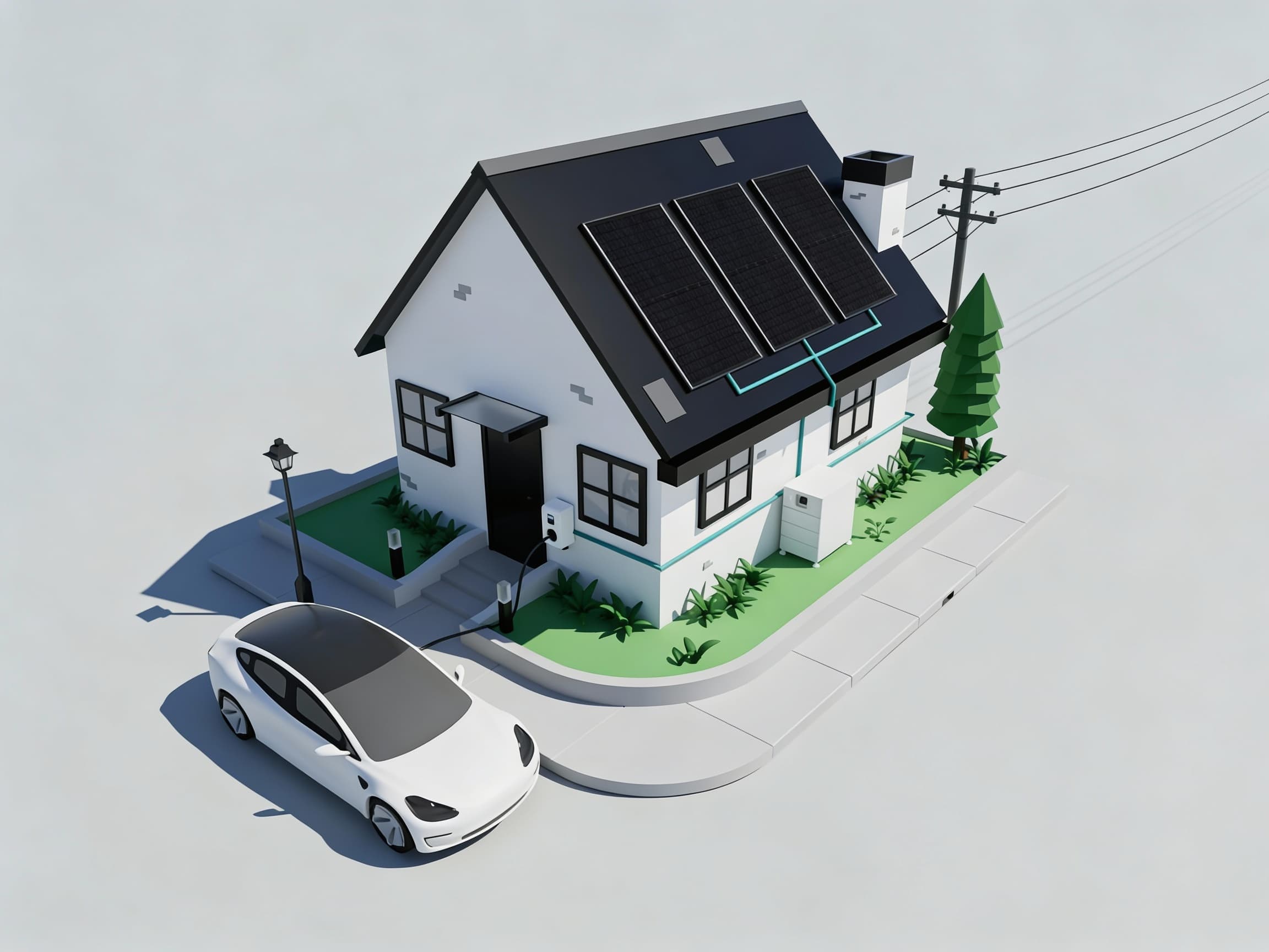 Modern huis met zonnepanelen en Tesla